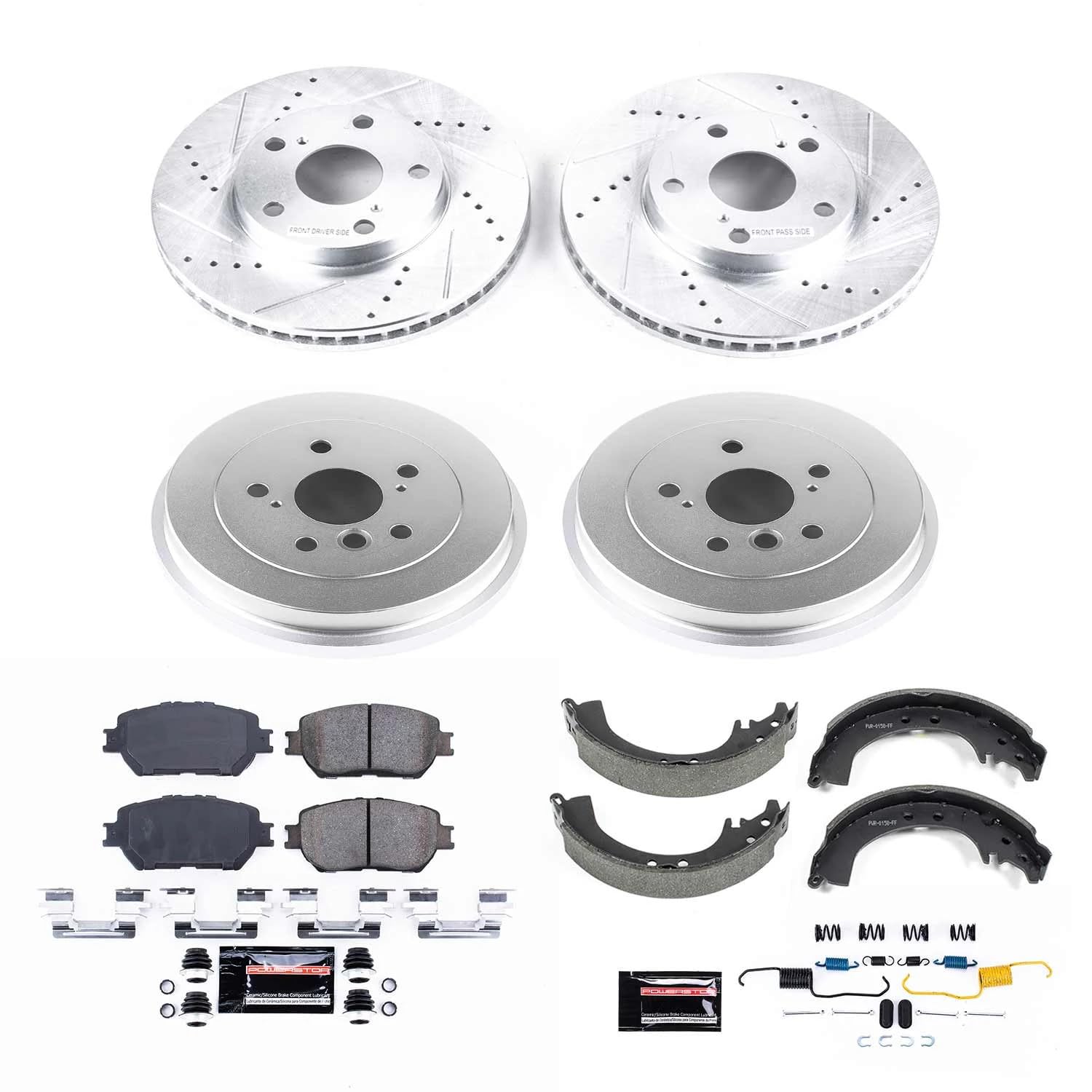 Power Stop K15061DK Z23 Carbon Fiber Brake Pads Front and Rear with Drilled & Slotted Brake Drums Kit For Toyota Camry 2002-2006 [Model Specific]