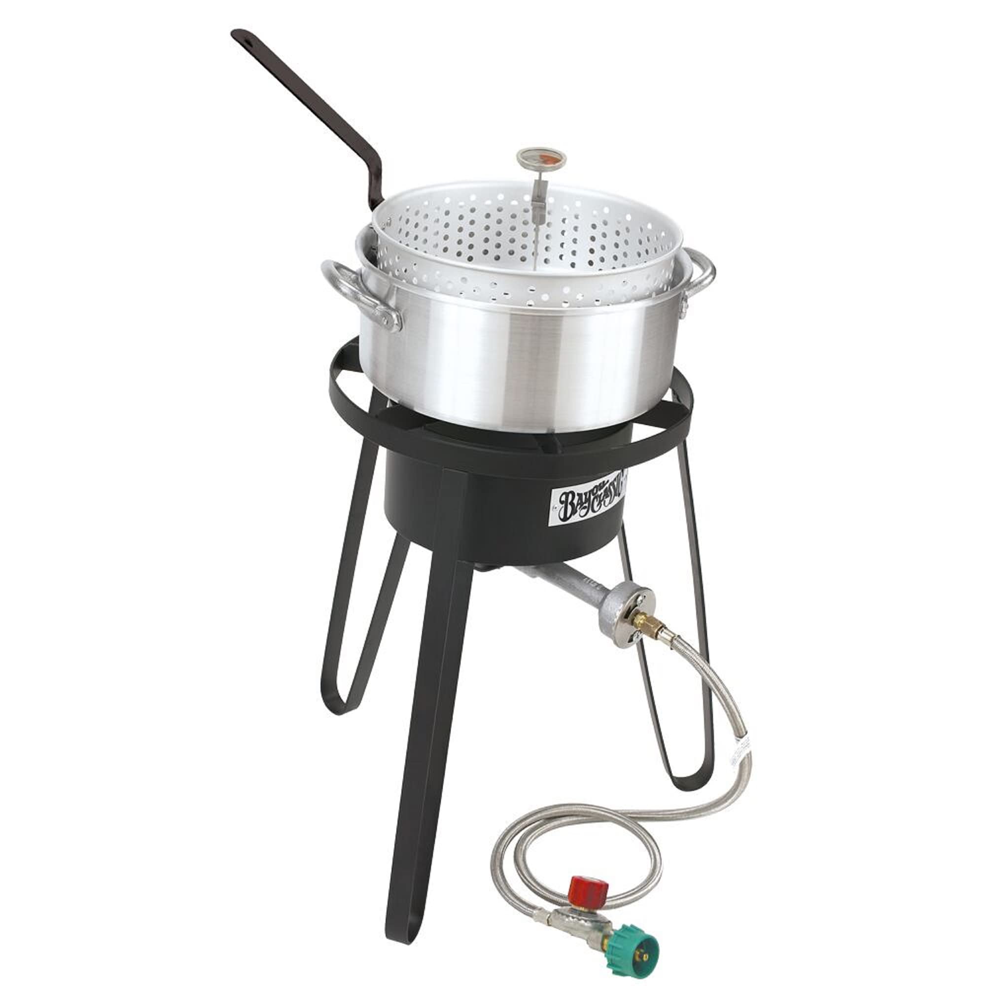 Bayou Classic B135 Aluminum Sportsman's Choice Fish Cooker Perfect To Fry Fish Shrimp Chicken Hushpuppies and Fries Includes 10-qt Fry Pot and Basket 21-in Tall Cooker 5-in Fry Thermometer