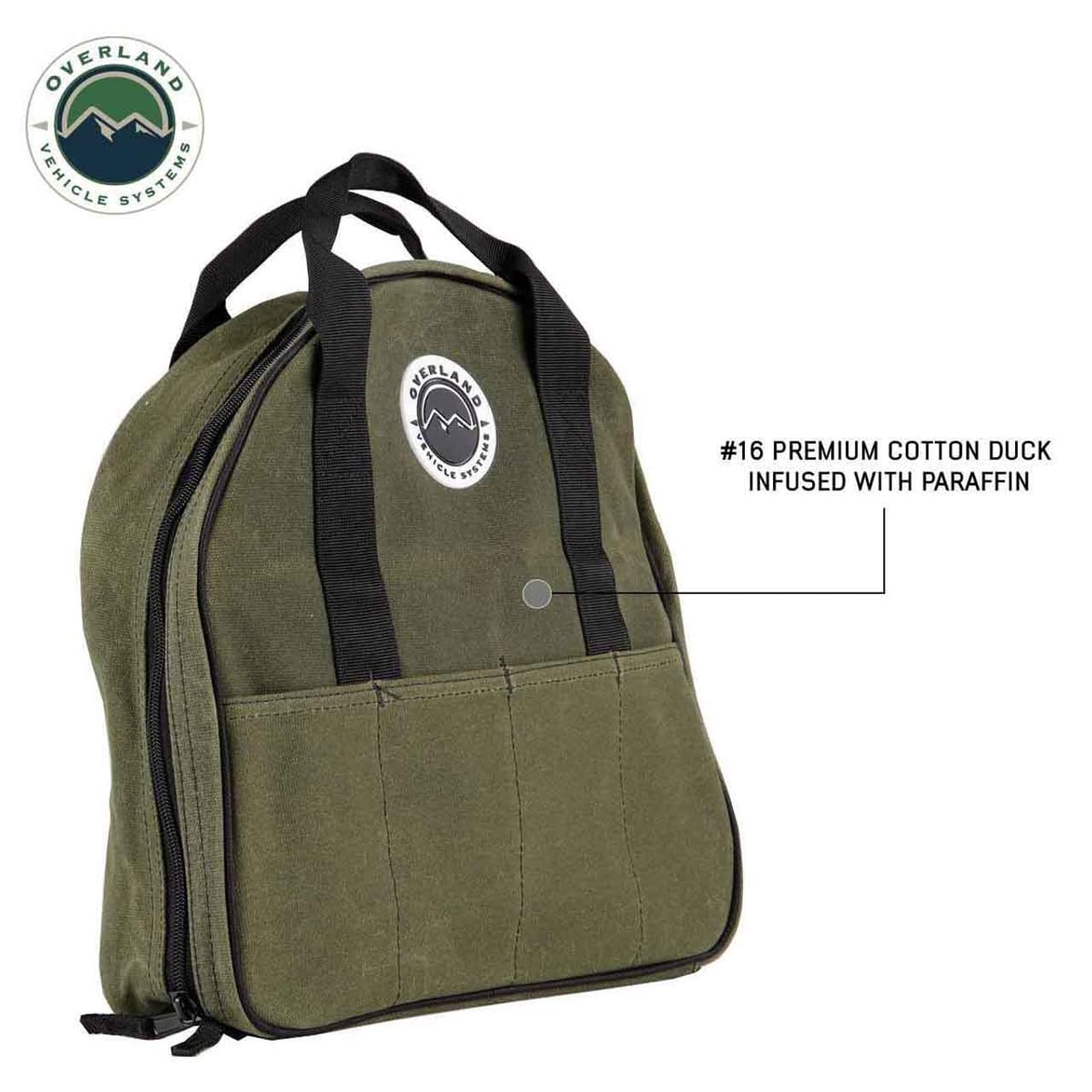 Jumper Cable Storage Bag Overland Vehicle Systems - #16 Waxed Canvas - Infused with Paraffin Wax Waterproofing - 7 Outside Tool Pockets, 3 Internal Tool Pockets, Two Heavy Duty Velcro Straps