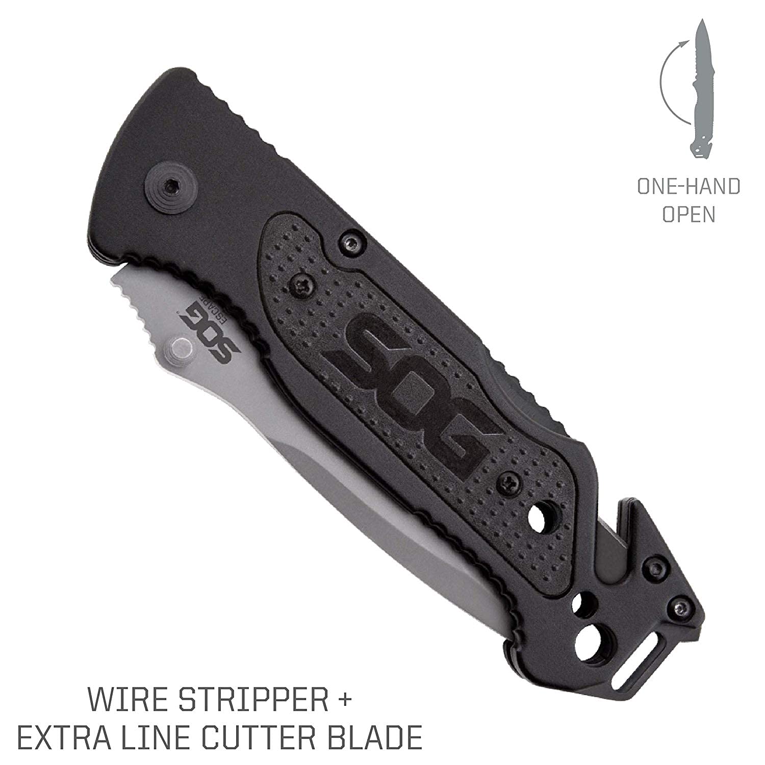 SOG Tactical Escape Folding Pocket Knife- 3.4 Inch Serrated Edge Blade Knife w/ Glass Breaker, Wire Stripper and Line Cutter Blades-Satin (FF25-CP),Black