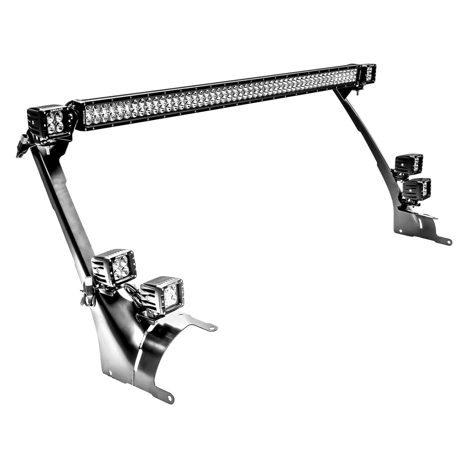 Front Roof Jeep JL, Gladiator LED Bracket to mount (1) 50 or 52 Inch Straight LED Light Bar and (4) 3 Inch LED Pod Lights - PN #Z374831-BK4
