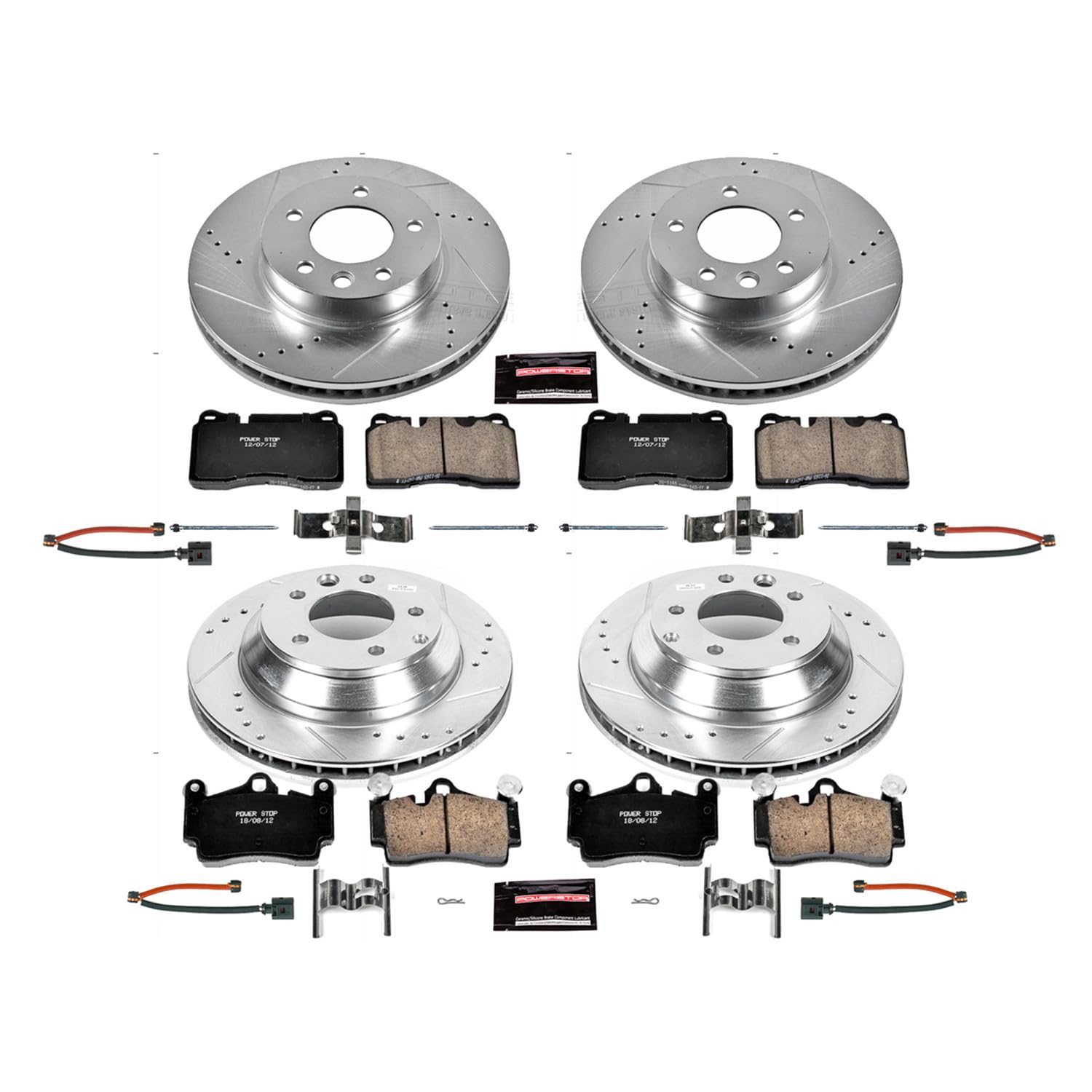 Power Stop K5745 Z23 Carbon Fiber Brake Pads Front and Rear with Drilled & Slotted Brake Rotors Kit and 2 Front & 2 Rear Sensor Wires For Volkswagen Touareg 2007-2010 [Model Specific]
