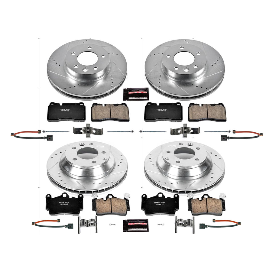 Power Stop K5745 Z23 Carbon Fiber Brake Pads Front and Rear with Drilled & Slotted Brake Rotors Kit and 2 Front & 2 Rear Sensor Wires For Volkswagen Touareg 2007-2010 [Model Specific]