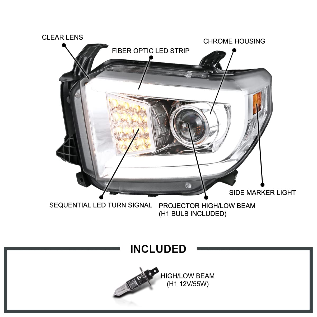 Chrome LED Light Bar Projector Headlights w/Sequential LED Signal Spec-D Tuning Compatible with 2014-2021 Toyota Tundra, Left + Right Pair Headlamps Assembly
