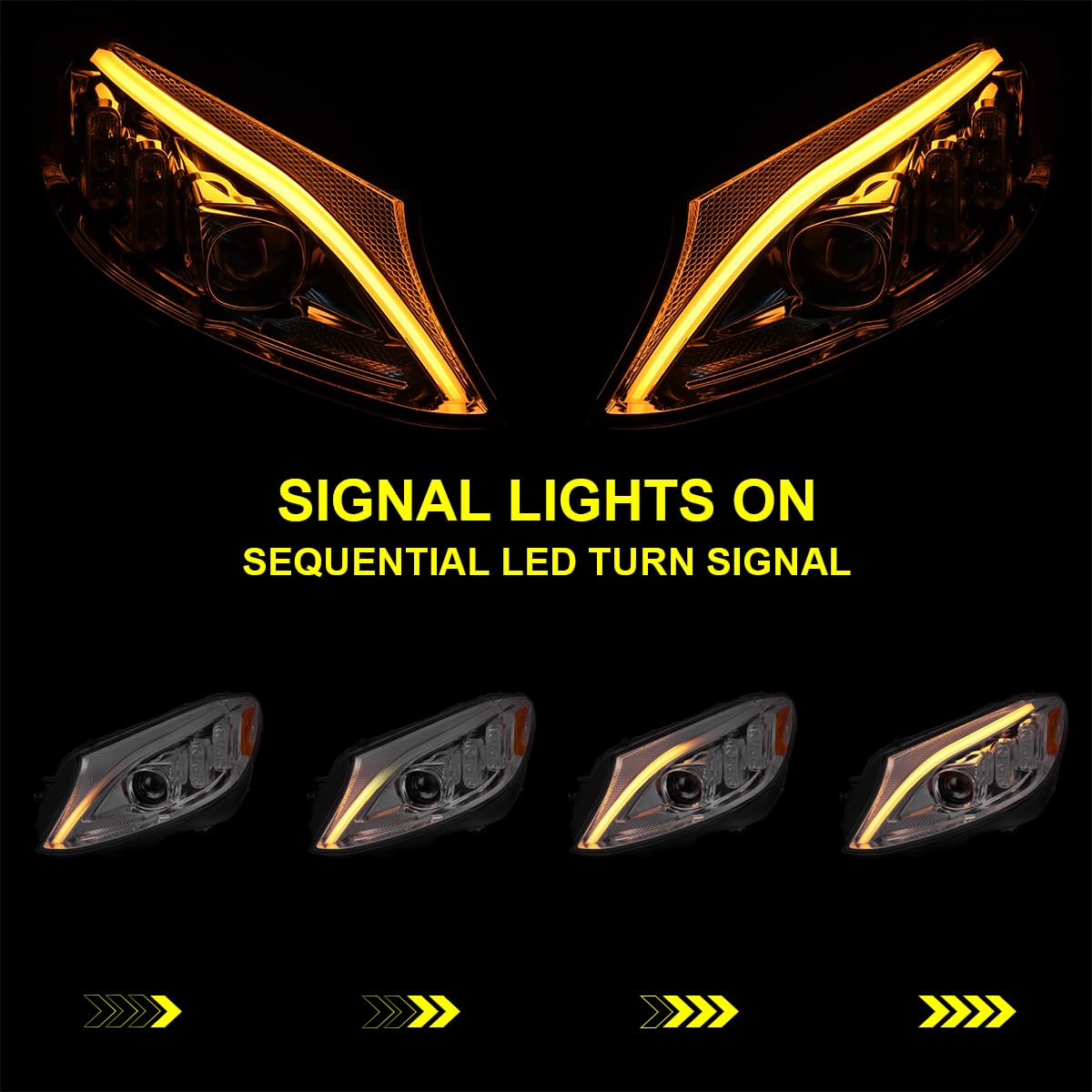 Chrome Sequential Signal Tube Full LED Projector Headlights SPEC-D TUNING Compatible with 2015-2018 Mercedes Benz W205 C-Class Left + Right Pair Headlamps Assembly