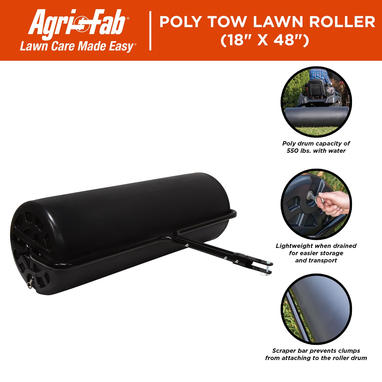 18" x 48" Agri-Fab Tow Behind Poly Lawn Roller 550 lbs Weight with Water, Poly Drum and Steel Frame, with Plug. Designed for Lawn and Garden Tractors