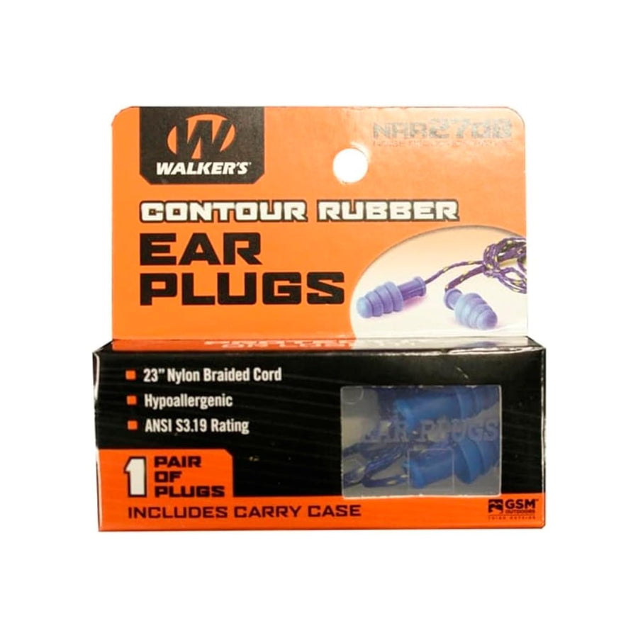 27dB NRR Walker's Passive Hearing Protection Range Shooting Hunting Work Soft Comfortable Contour Rubber Earplugs w/ 23" Nylon Braided Cord & Plastic Storage Case