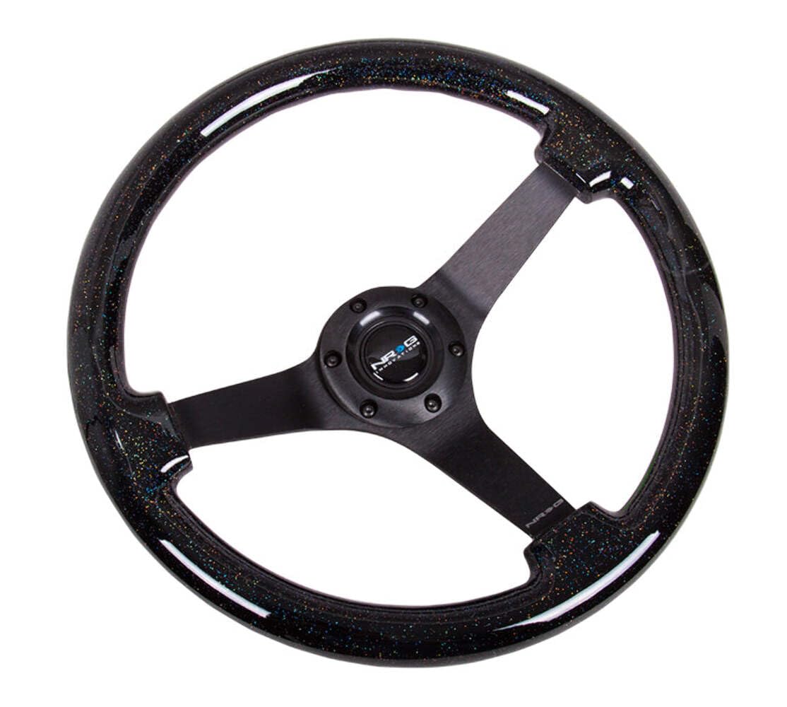 NRG Innovations Reinforced NRG-RST-036BSB-BK Steering Wheel - Classic Black Sparkled Wood Grain Wheel (3" Deep, 4mm), 350mm, 3 Solid Spoke Center in Black