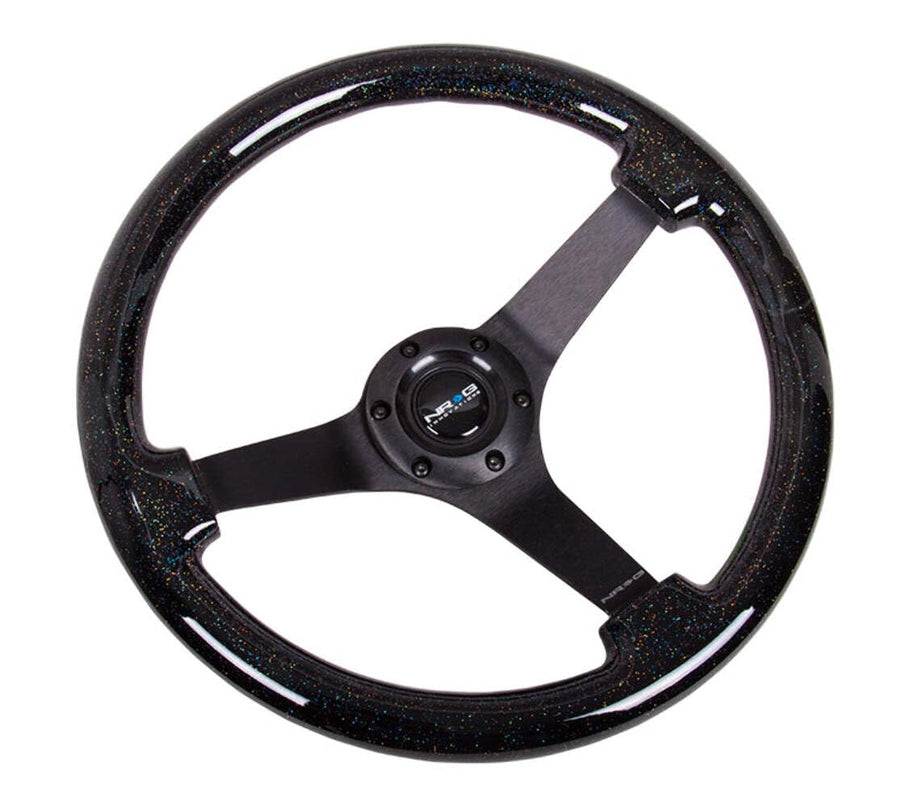 NRG Innovations Reinforced NRG-RST-036BSB-BK Steering Wheel - Classic Black Sparkled Wood Grain Wheel (3" Deep, 4mm), 350mm, 3 Solid Spoke Center in Black