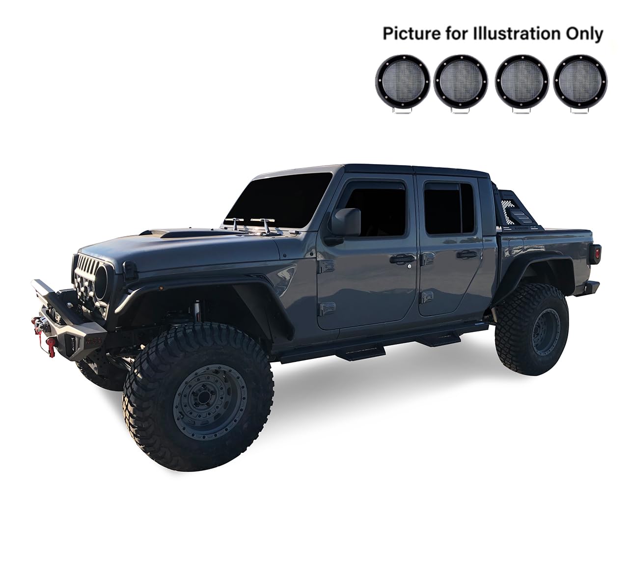 Armour II Black Horse Roll Bar Incl. Set of 5.3" Dia.LED Lights w/Black Trim Rings Compatible with 2019-2024 Jeep Gladiator-AR2-09B-PLFB