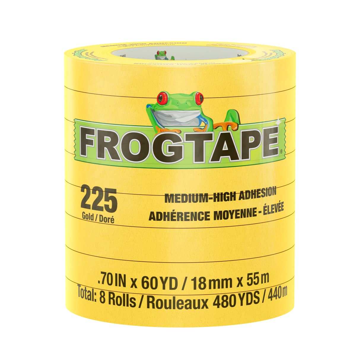 Gold FrogTape 225 Moderate Temperature Performance Grade Masking Tape, Medium-High Adhesion, 18mm x 55m, 8 Rolls per Pack