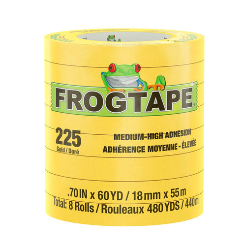 Gold FrogTape 225 Moderate Temperature Performance Grade Masking Tape, Medium-High Adhesion, 18mm x 55m, 8 Rolls per Pack