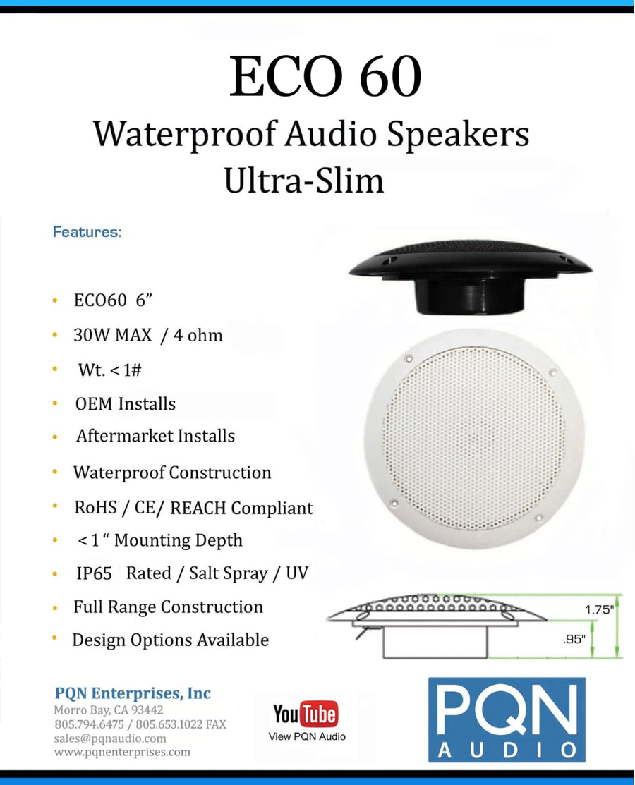 Eco60-4BK PQN Audio 6 inch Ultra Slim Waterproof Marine Speaker for RV, Camper, Cabinet and Golf Carts. Chemical and UV Resistant. Wall and Floor Mount Outdoor Speakers