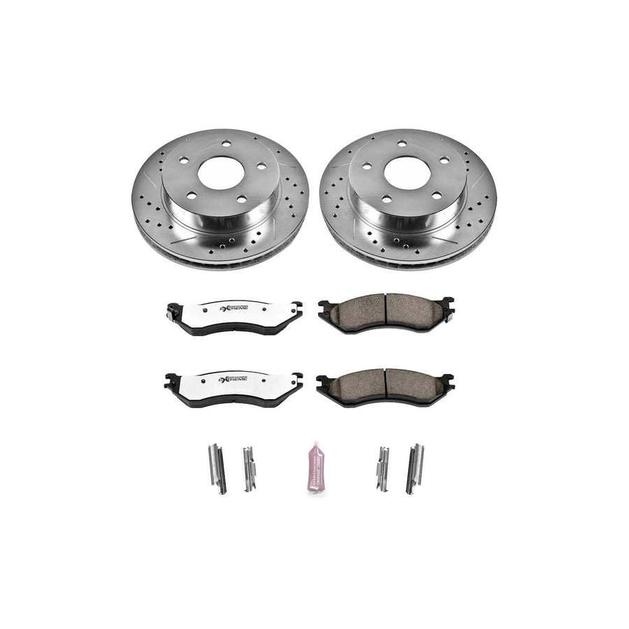 Front Brake Kit Power Stop For 2000 2001 Dodge Ram 1500 - Truck & Tow Carbon Fiber Ceramic Brake Pads & Drilled and Slotted Rotors Replacement, K5143-36