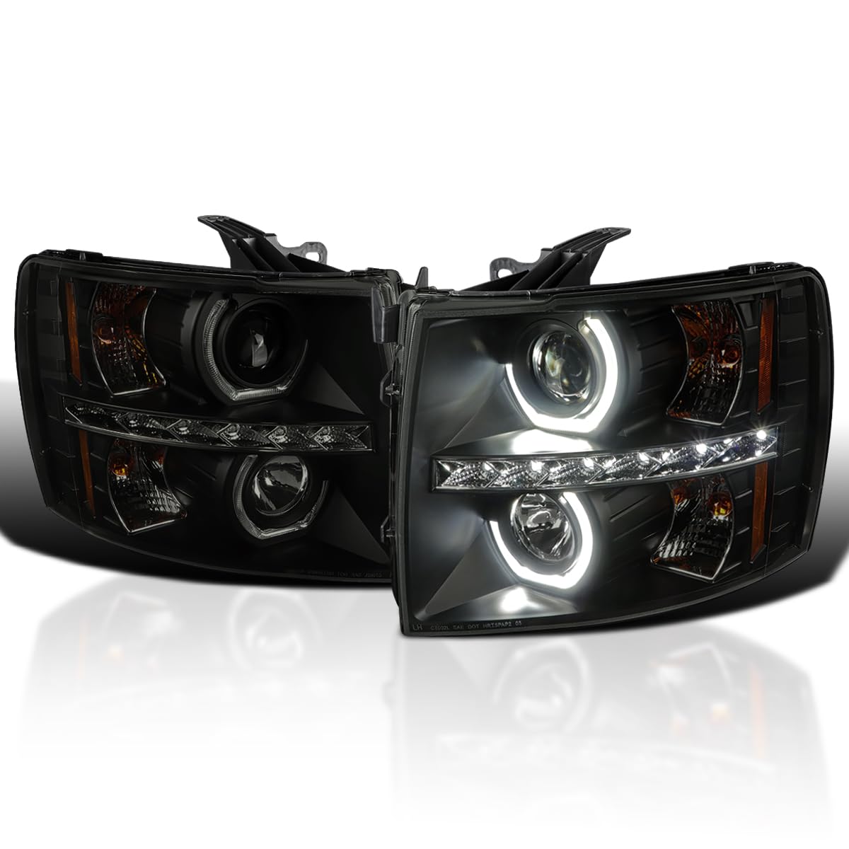 Black Smoke Spec-D Tuning Halo Projector Headlights w/LED Compatible with 2007-2013 Chevy Silverado 1500, 2007-2014 Chevy Silverado 2500HD/3500HD, Left + Right Pair Headlamps Assembly