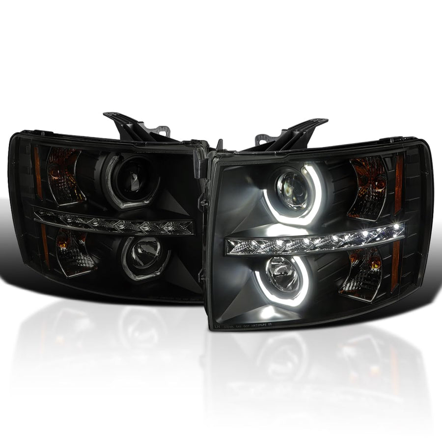 Black Smoke Spec-D Tuning Halo Projector Headlights w/LED Compatible with 2007-2013 Chevy Silverado 1500, 2007-2014 Chevy Silverado 2500HD/3500HD, Left + Right Pair Headlamps Assembly