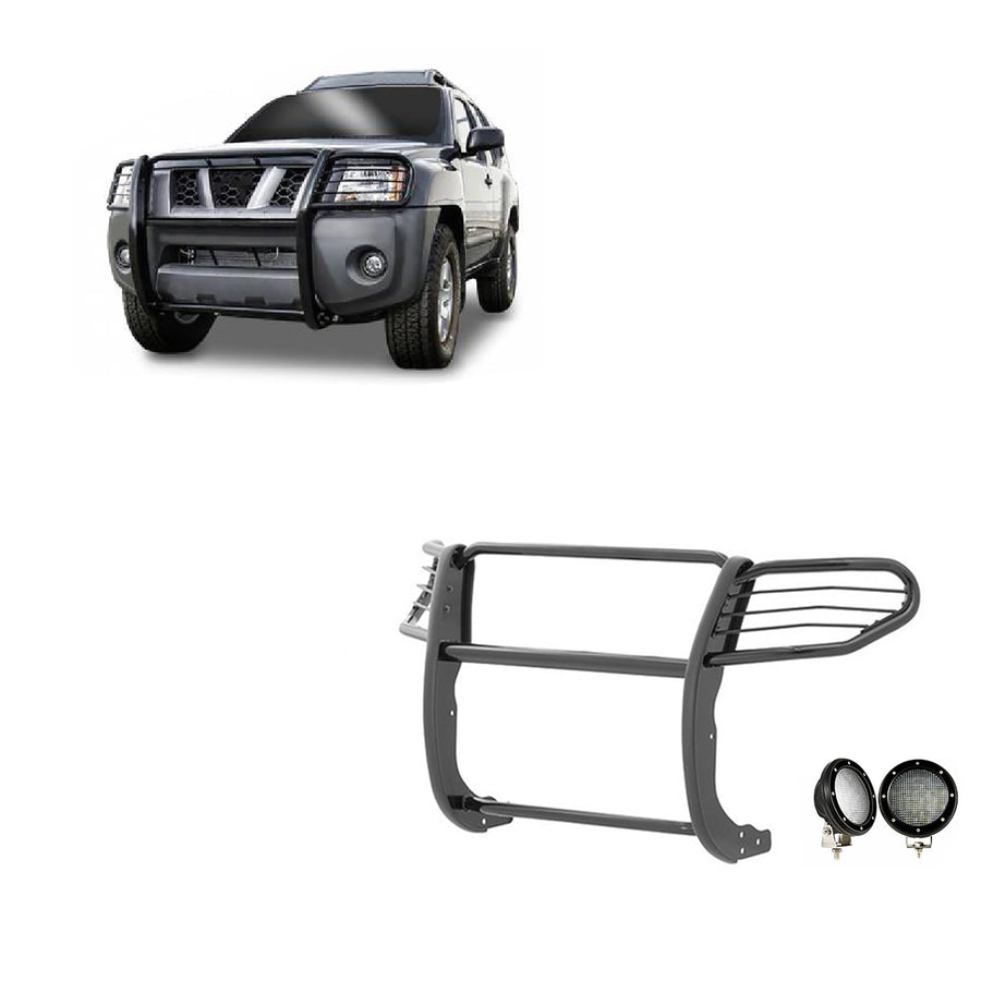 Grille Brush Black Horse Bumper Guard Modular Black Come with Pair of 5.3" Dia.LED Lights with Black Trim Rings Compatible with 2005-2015 Nissan Xterra-17A112100MA-PLFB