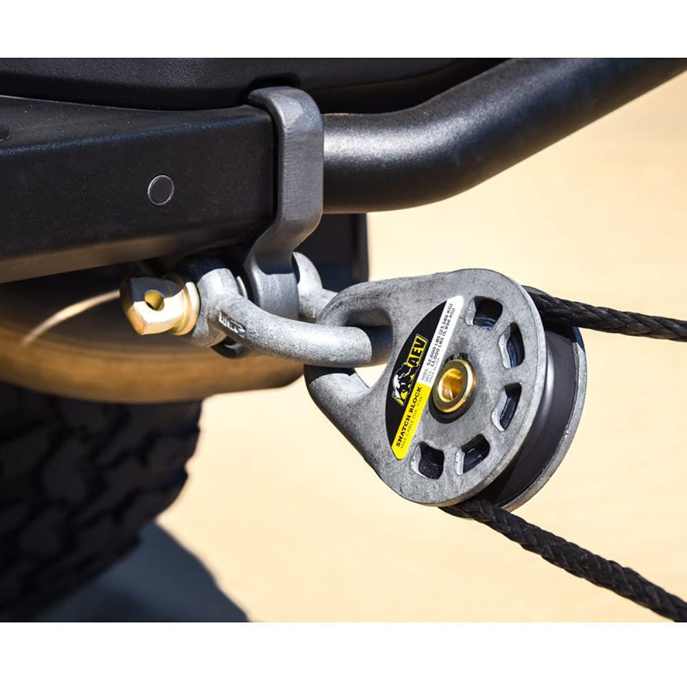 Snatch Block AEV Mid-Size/Full-Size - Breaking Strength: 52,000lbs Snatch Block can be Used with Both a Traditional Steel Cable or a Synthetic Winch line Max Cable Diameter: 7/16"