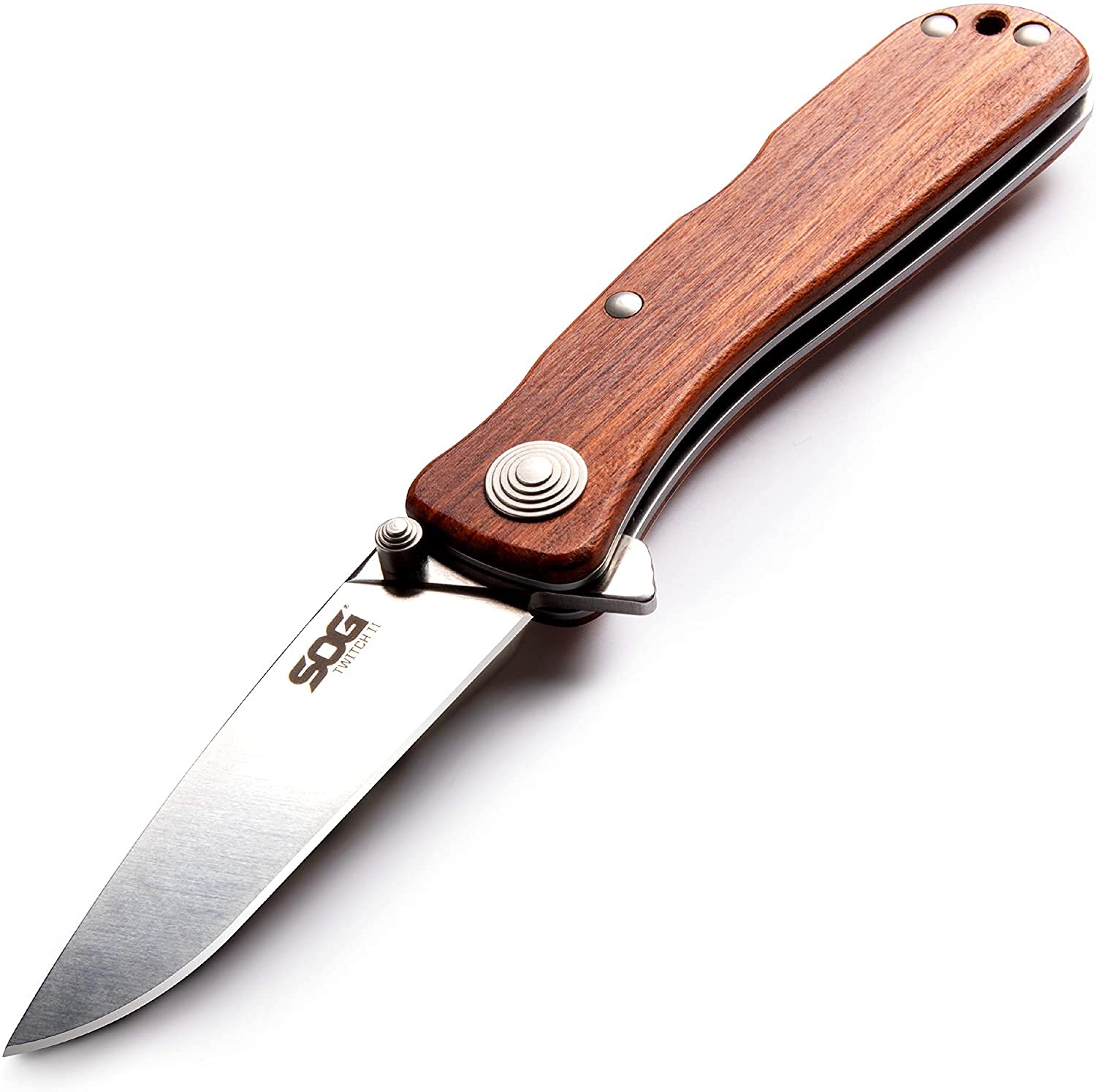 SOG Drop Point Twitch ll Pocket Knife - SOG Assisted Technology EDC Knife with 2.65 Inch Stainless Steel Blade and Wood Handle- Satin (TWI17-CP)