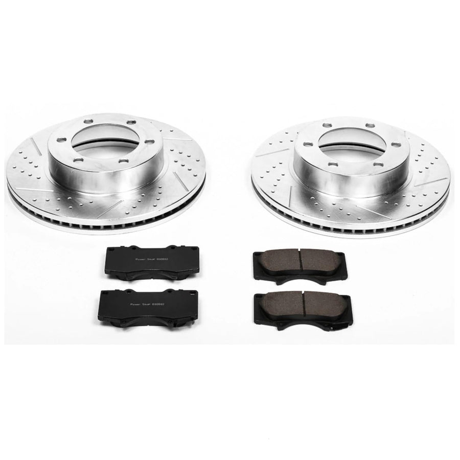 PowerStop Brake Kit Front For 2001 2002 2003 2004 2005 2006 2007 Toyota Sequoia, 2000 2001 2002 2003 2004 2005 2006 Tundra - Drilled and Slotted Disc Rotors with Ceramic Brake Pads Replacement, K2324