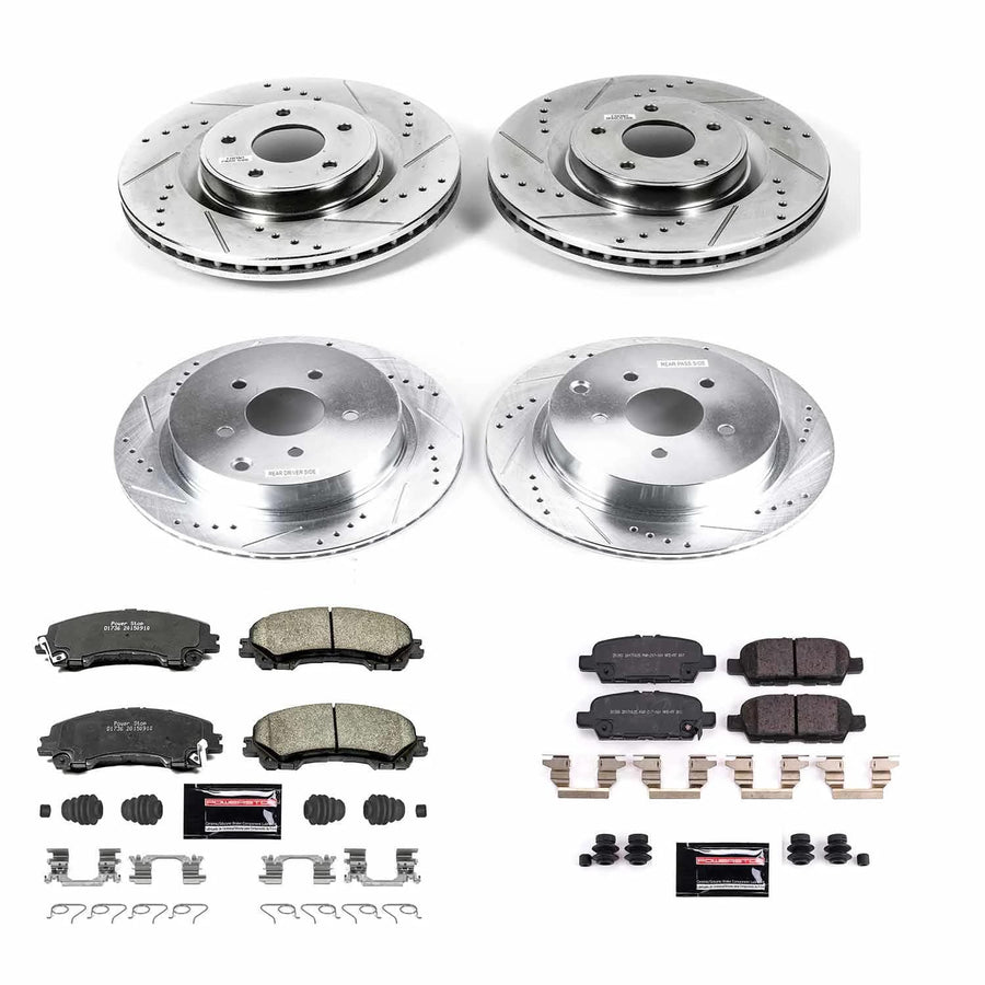 Power Stop K8006 Z23 Carbon Fiber Brake Pads Front and Rear with Drilled & Slotted Brake Rotors Kit For INFINITI Q50 2014-2022, INFINITI Q60 2017-2022 [Model Specific]