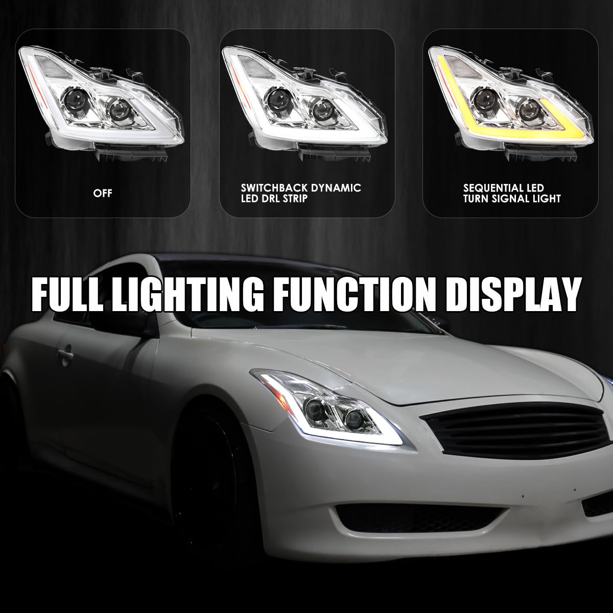 Chrome Projector Headlights SPEC-D TUNING w/LED Sequential Turn Signal and Startup Animation Compatible with 2008-2015 Infiniti G37, Q60 2DR Coupe, Left + Right Pair Headlamp Assembly
