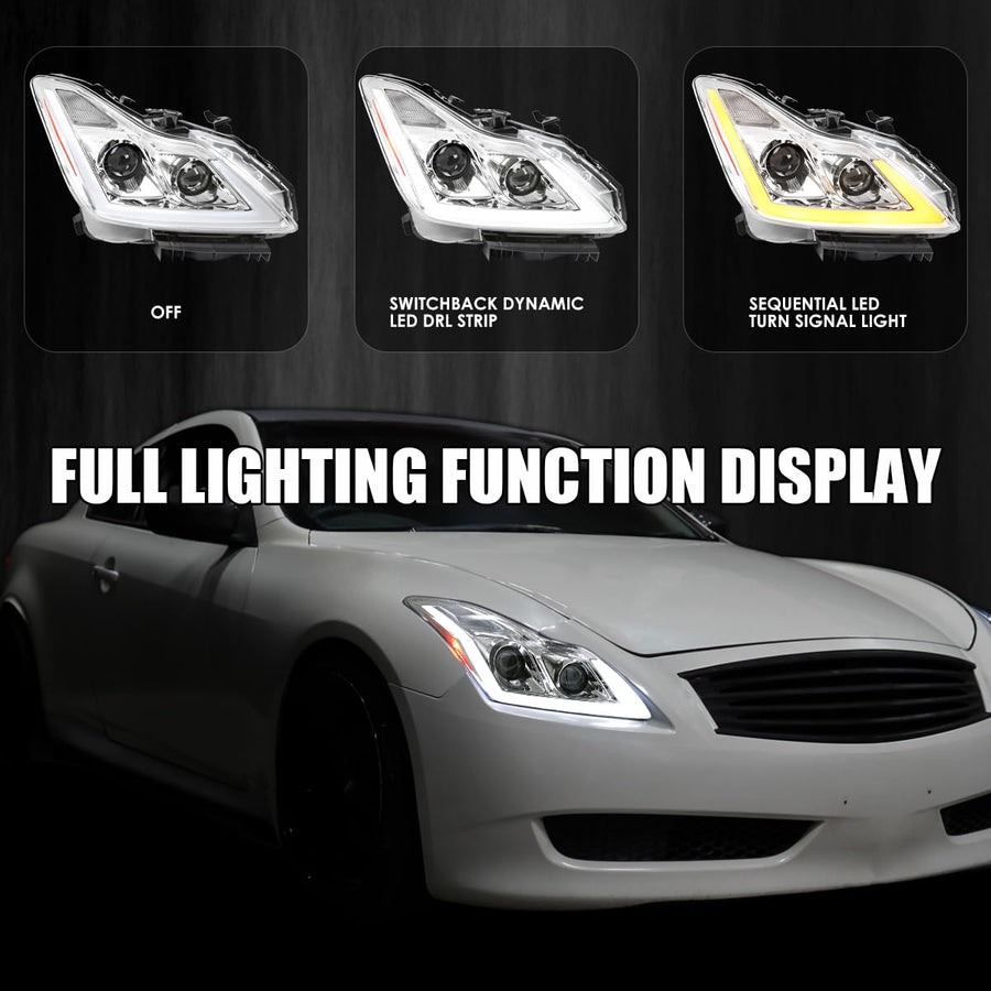 Chrome Projector Headlights SPEC-D TUNING w/LED Sequential Turn Signal and Startup Animation Compatible with 2008-2015 Infiniti G37, Q60 2DR Coupe, Left + Right Pair Headlamp Assembly