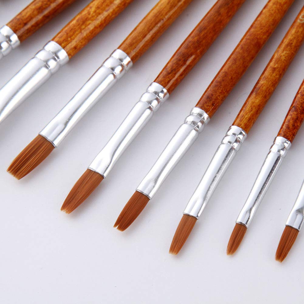 12pcs Paint Brush Oil Painting Set Watercolor Acrylic Wood Handles Art Supplies Reusable Nylon Fine Pointed Flat Drawing