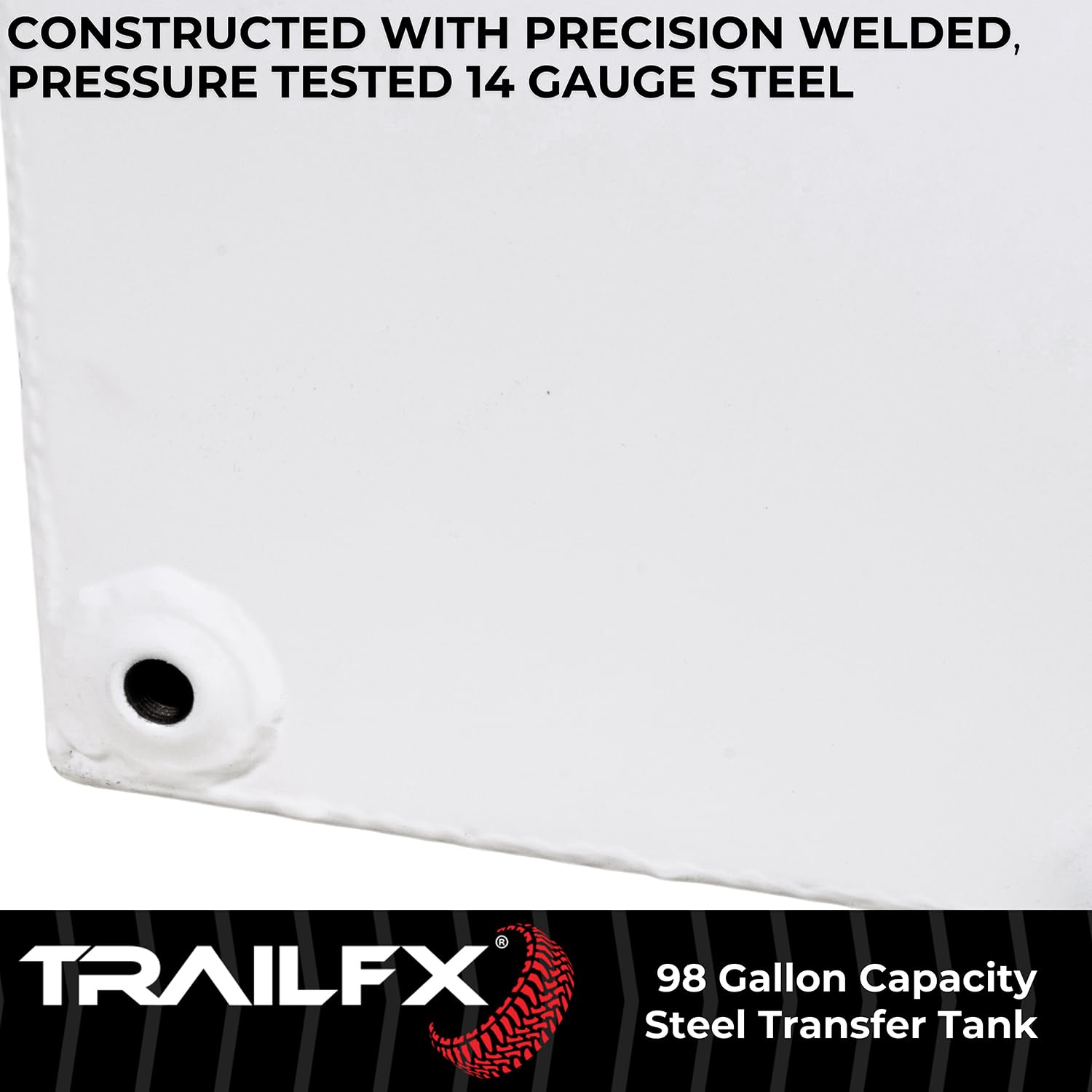 21098SW TrailFX Liquid Transfer Tank 98 Gallon Capacity Rectangular Steel Tank Gloss White Powder Coat Vented Lockable Cap For Diesel and Non-Flammable Liquids