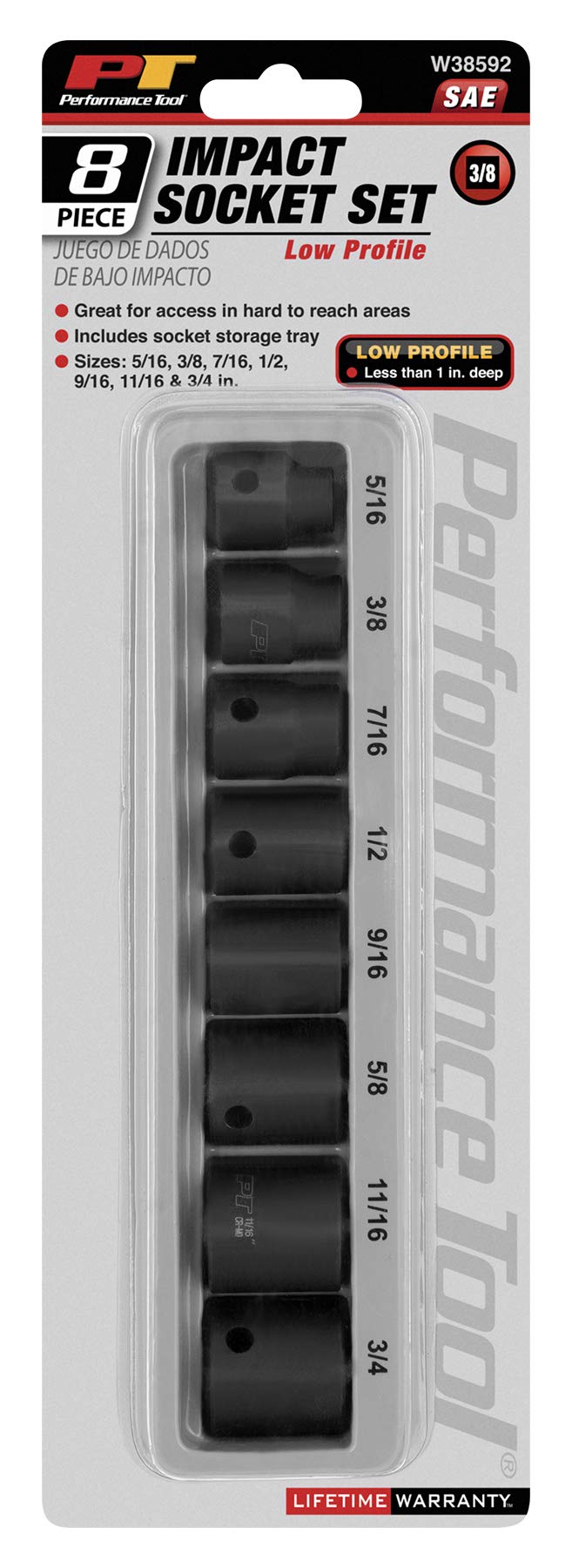 8-Piece Performance Tool W38592 Low Profile SAE Impact Socket Set with Storage Tray, 20% Shorter than Standard for Hard-to-Reach Areas