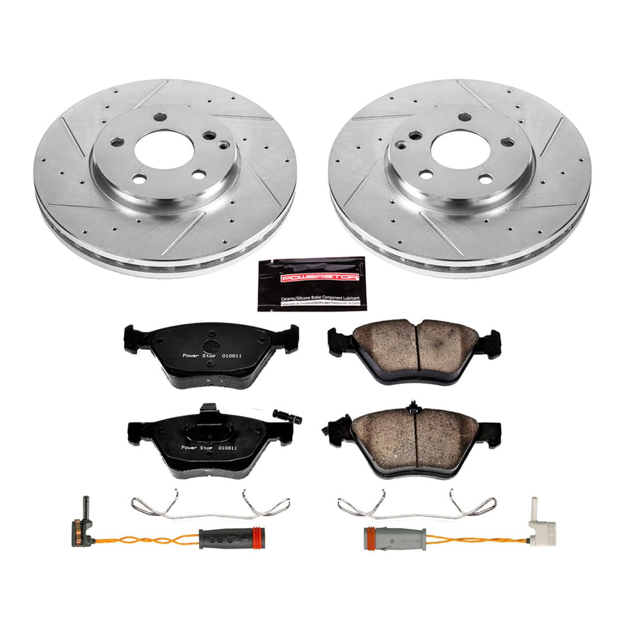 Power Stop K5168 Z23 Carbon Fiber Brake Pads with Drilled & Slotted Brake Rotors Kit and 2 Front Sensor Wires