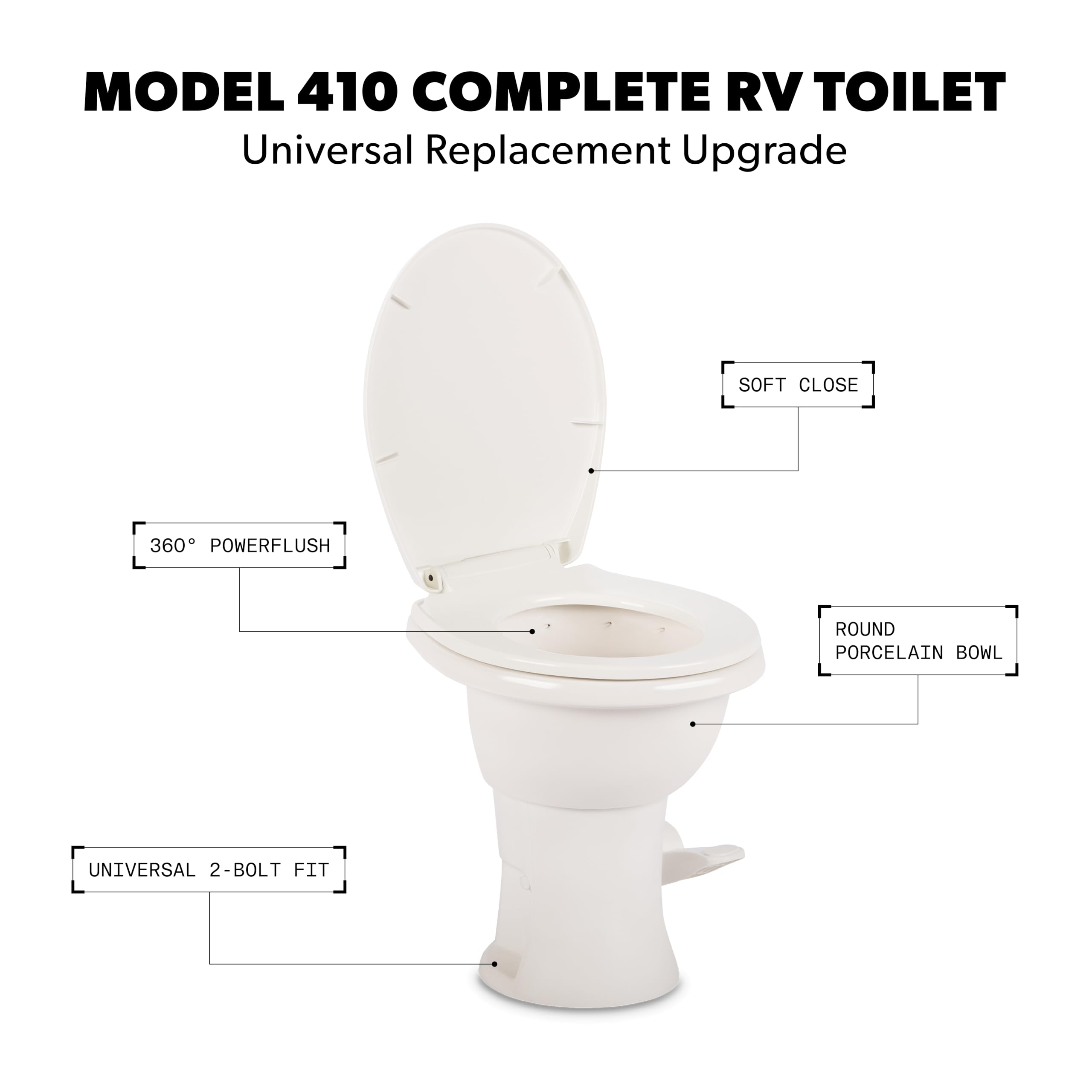 Dometic Complete RV Toilet Model 410 – Round Porcelain Bowl, Universal Fit & 2-Bolt Mount, 18" Chair Height Residential-Style, Gravity Flush Toilet with Soft-Close Seat, White (9610008259)