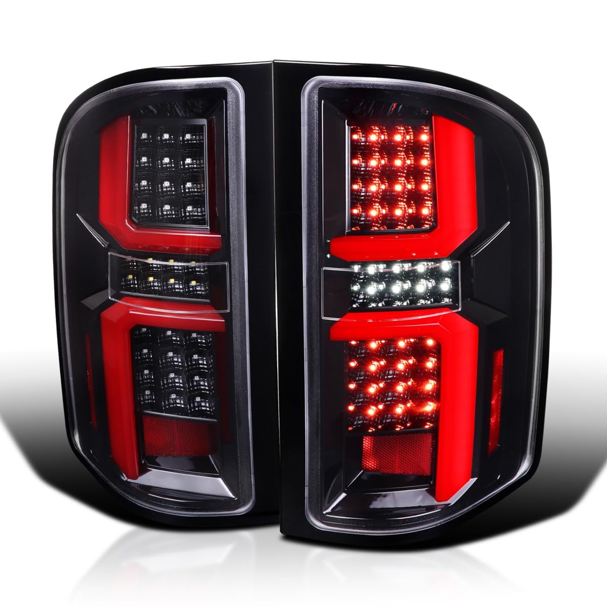 Pearl Black SPEC-D TUNING LED Tail Lights w/Red LED Light Bars Compatible with 2007-2013 Chevy Silverado 1500/2500HD/3500HD, Left + Right Pair Assembly