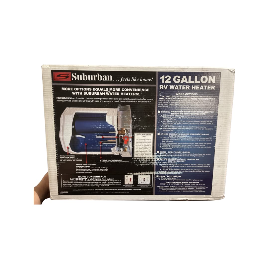 Suburban RV Tank Water Heater SW12DE - 12 gallon Porcelain Lined Steel Tank with Direct Spark Ignition (DSI) and Incoloy Electric Element (5247A)