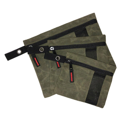 Overland Vehicle Systems 3-Bag Small Size Set of Storage Bags with Mesh Windows- #12 Waxed Canvas - Infused with Paraffin Wax Waterproofing - Universal For, Tools, Automotive, and more!