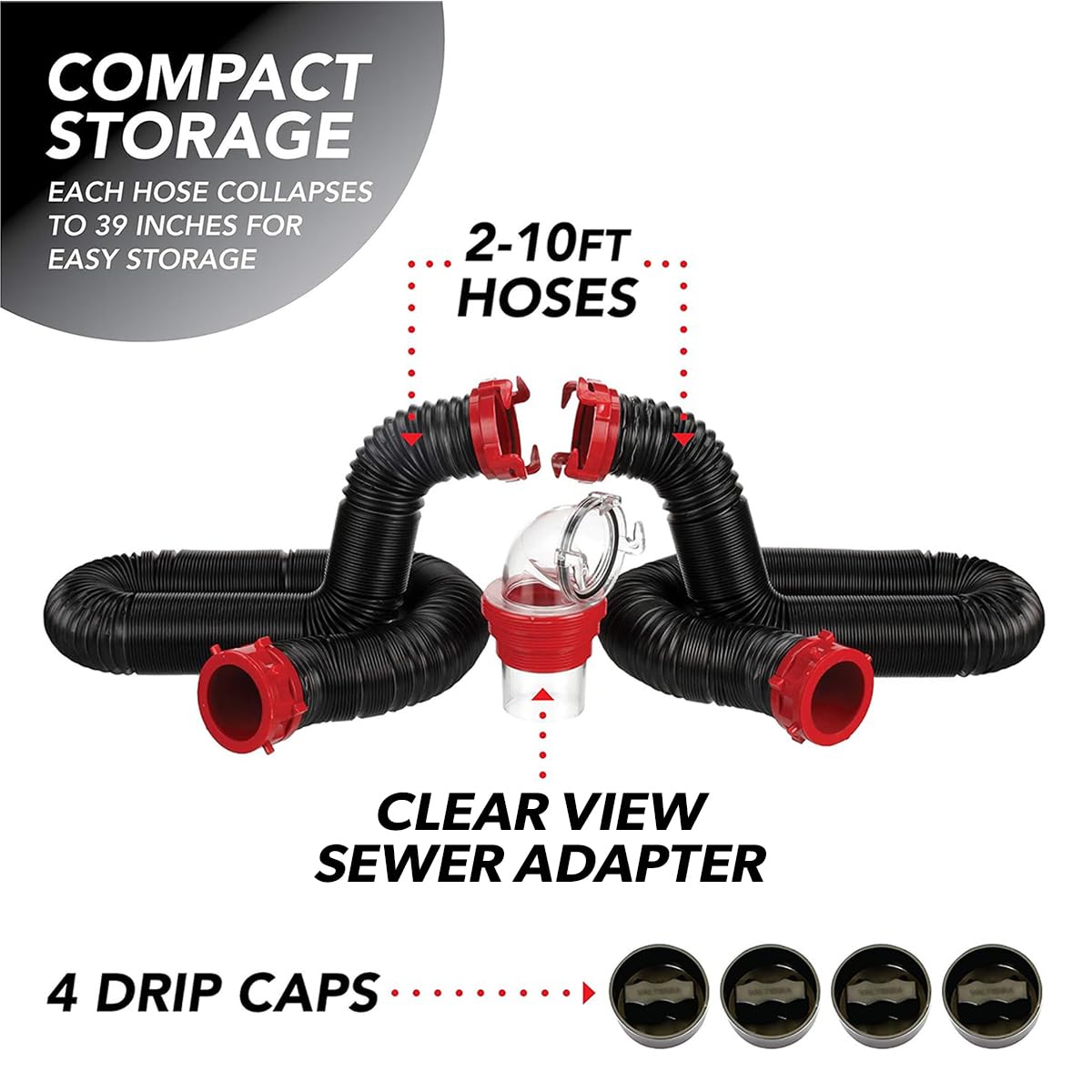 Dominator Valterra 20-Foot RV Sewer Hose Kit, Sewer Hose for Camper RV, Includes 2 Attachable 10-Foot Hoses with Rotating Fittings, 90 Degree Clearview Sewer Adapter, and 4 Drip Caps