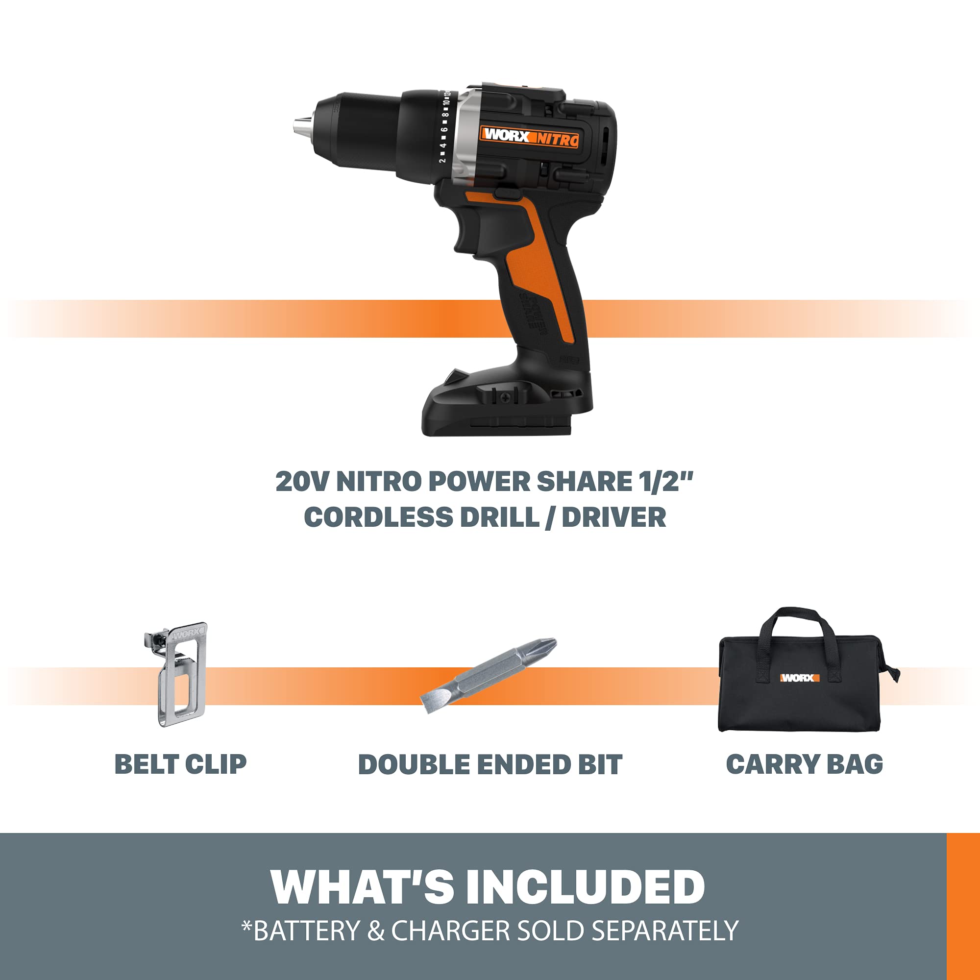 20V Worx Nitro 1/2" Cordless Brushless Drill Driver - 535 in-lbs. Torque, Heavy-Duty 1/2" Chuck, Drill Set with Storage Bag, Power Share Compatible - Tool Only