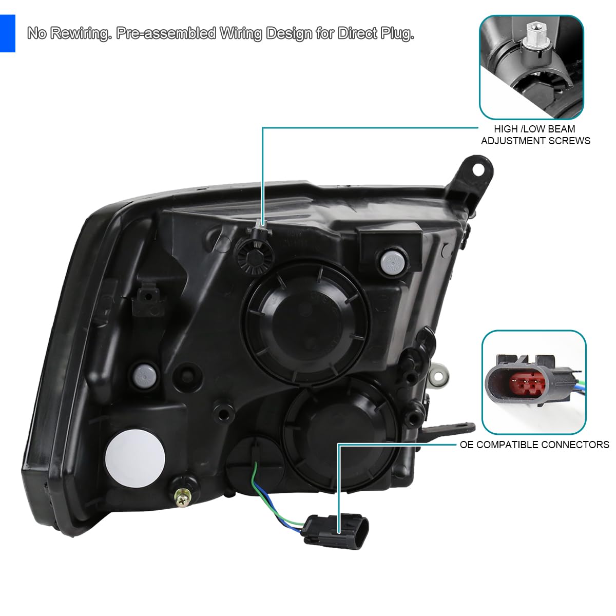 Euro Light Smoke Spec-D Tuning Quad Headlights Compatible with 2009-2018 Dodge Ram 1500