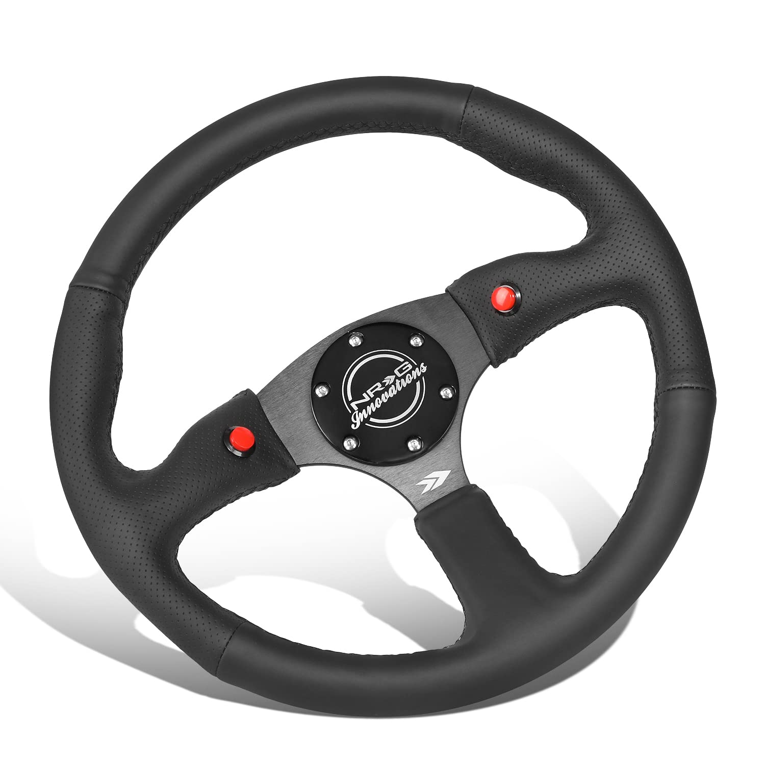 NRG Innovations Reinforced Steering Wheel NRG-RST-023D-R 350mm Sport Leather Racing (2.5" Deep) Comfort Grip, 4mm Matte Black Spoke with Leather Finish and Dual Button