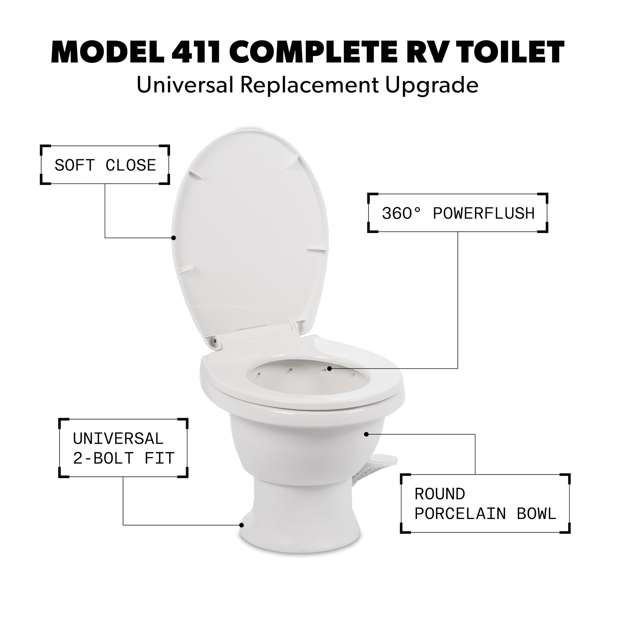 Dometic Model 411 RV Toilet Complete – Round Porcelain Bowl, Universal Fit & 2-Bolt Mount, Low-Profile 13–5/8" Seat Height, Gravity Flush Toilet with Soft-Close Seat, White (9610008263)