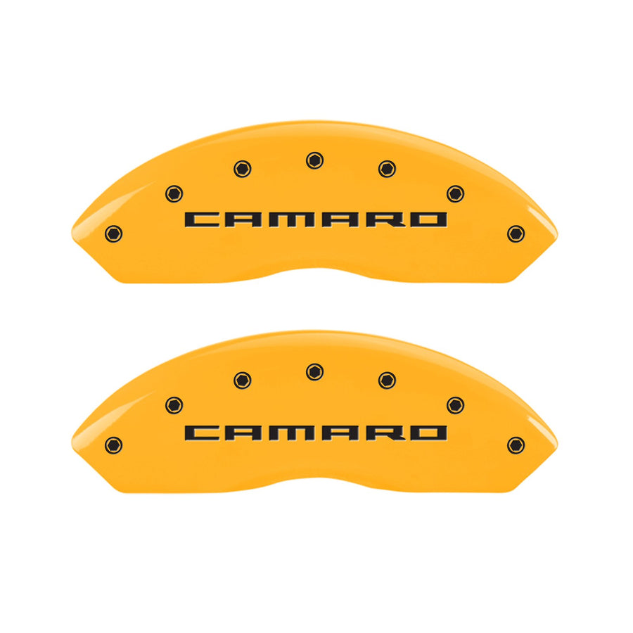Caliper Covers MGP Compatible with 2016-2024 Chevy Camaro (Fits 18"+ Wheels & Standard JL9 Brakes) Powder-Coated Finish, 4 PCS Front and Rear (Yellow - Camaro Gen 5/6 Engraving)