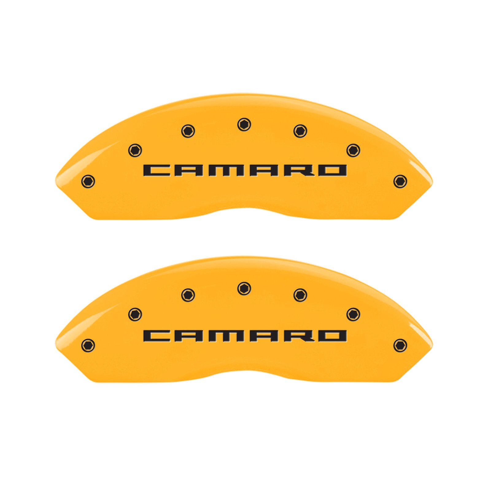 Caliper Covers MGP Compatible with 2016-2024 Chevy Camaro (Fits 18"+ Wheels & Standard JL9 Brakes) Powder-Coated Finish, 4 PCS Front and Rear (Yellow - Camaro/RS Engraving)