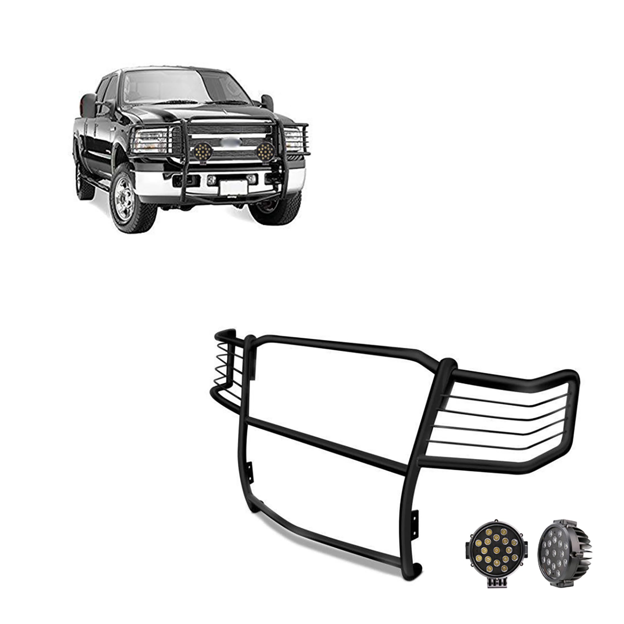 Black Horse Grille Brush Bumper Guard Black Modular Come with Pair of 7.0" LED Lights with Black Trim Rings Compatible with 1999-2007 Ford F-250 SD|1999-2004 Ford F-350/F-450/F-550 SD-17FB23MA-PLB