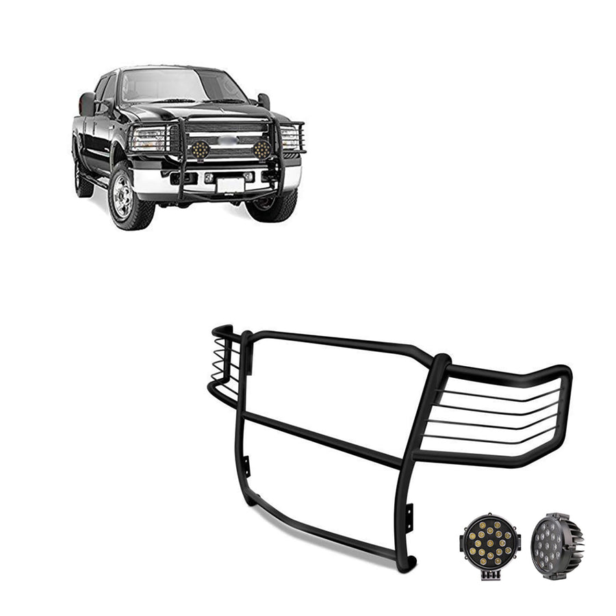Black Horse Grille Brush Bumper Guard Black Modular Come with Pair of 7.0" LED Lights with Black Trim Rings Compatible with 1999-2007 Ford F-250 SD|1999-2004 Ford F-350/F-450/F-550 SD-17FB23MA-PLB