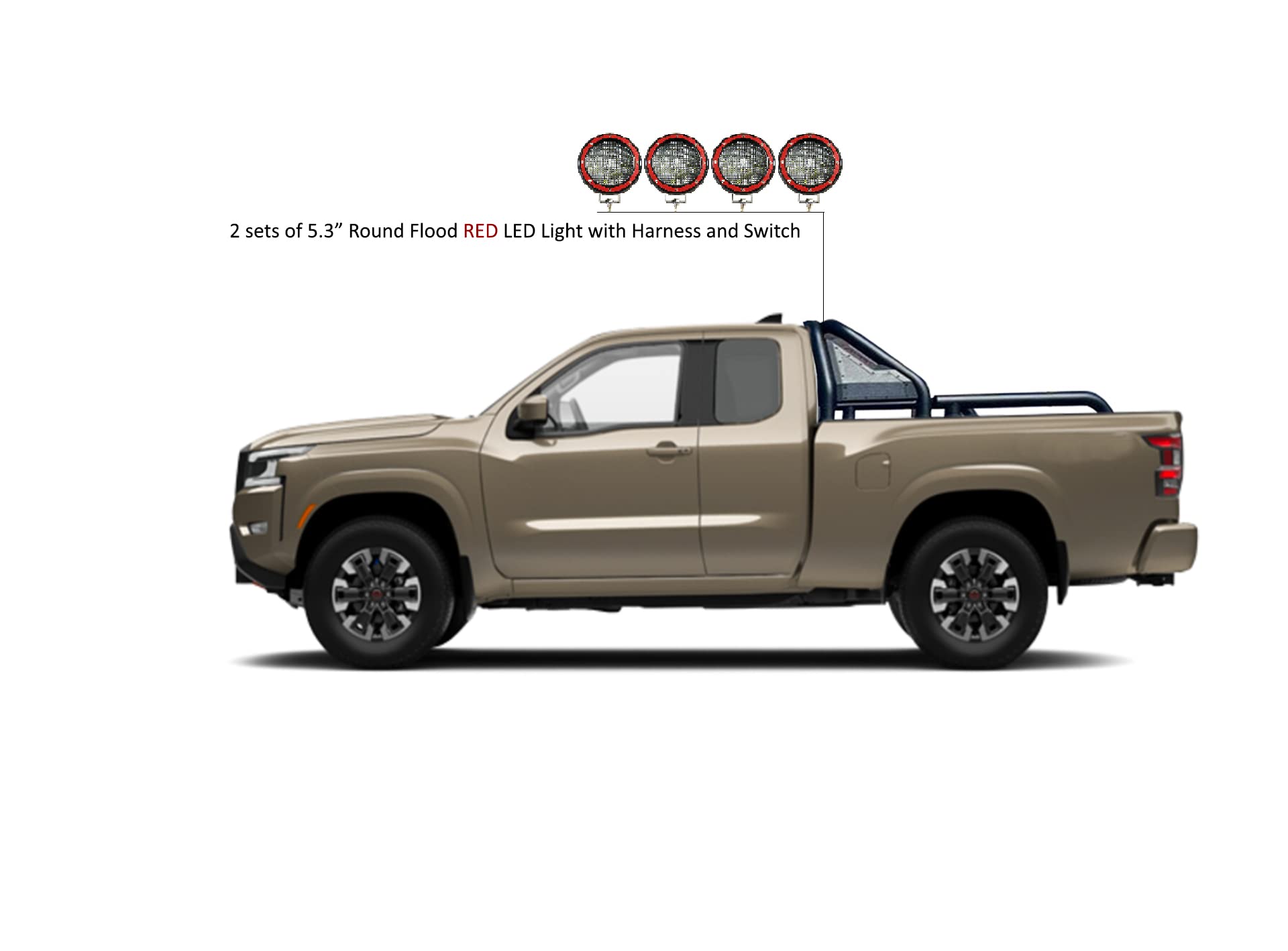 Gladiator Roll Bar Black Incl. Set of 5.3" Dia.Led Lights w/Red Trim Rings Modular Compatible with 2005-2021 Nissan Frontier-GLRB-05B-PLFR