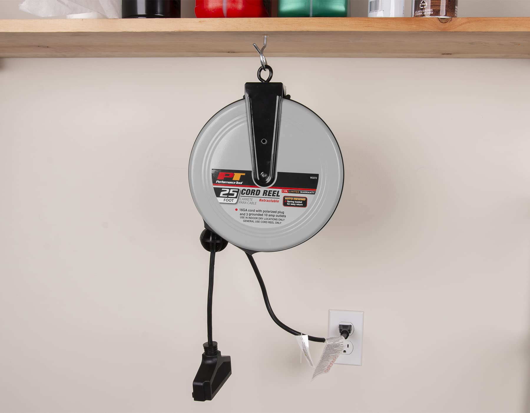 W2272 Performance Tool Retractable Cord Reel for Outlet Extension in Workshops and Home, Black/Gray, 25 feet
