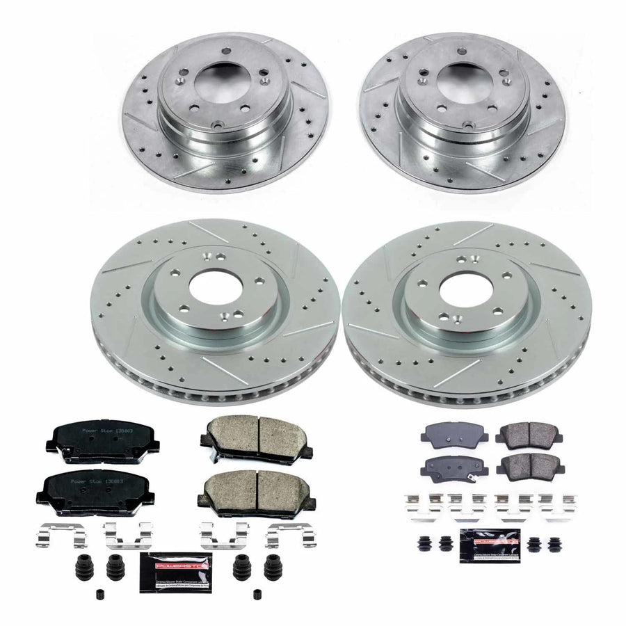 Power Stop K6325 Z23 Carbon Fiber Brake Pads Front and Rear with Drilled & Slotted Brake Rotors Kit For Kia Optima 2011-2015 [Model Specific]