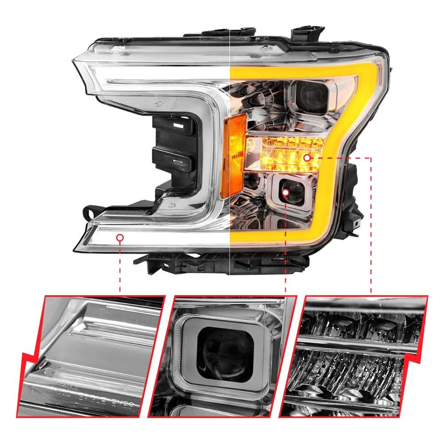 18-20 Ford F-150 ANZO (w/o Fctry LED) Full LED Proj Headlights w/Light Bar Swtchbk Seq. Chrome w/Int (111571)