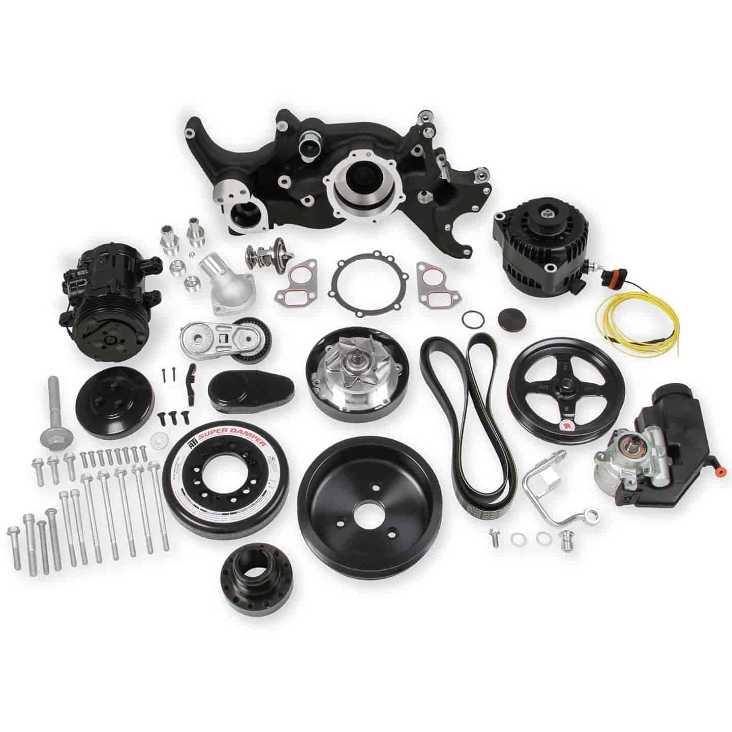 Holley Complete LS Swap Front Accessory Serpentine Drive System | Mid-Mount with Water Pump, SFI Damper, Alternator, A/C & Power Steering | Gen III/IV 4.8/5.3/LS1/LS2/LS3/LS6 Black Finish 20-180BK