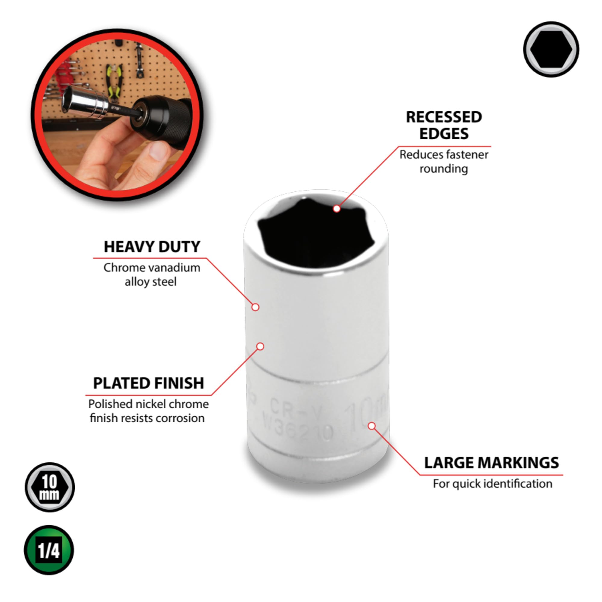 1/4 Drive Performance Tool W36210 Chrome 6-Point Socket, 10mm